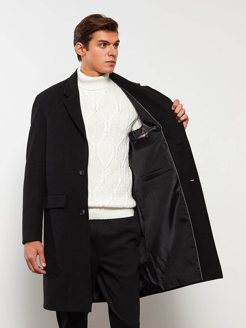 Siyah Rahat Kalıp Ceket Yaka Erkek Kaşe Kaban-6