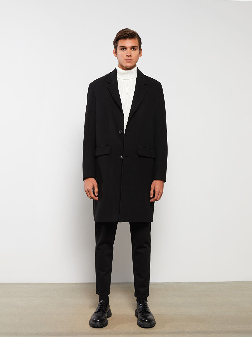 Siyah Rahat Kalıp Ceket Yaka Erkek Kaşe Kaban-7