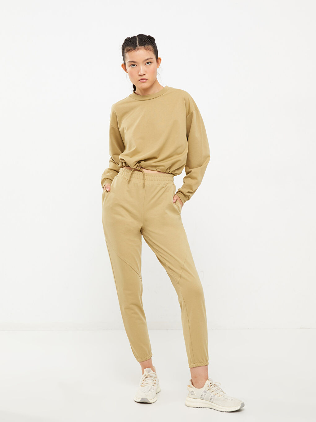 Hanorac simplu cu mânecă lungă și guler rotund pentru femei-1