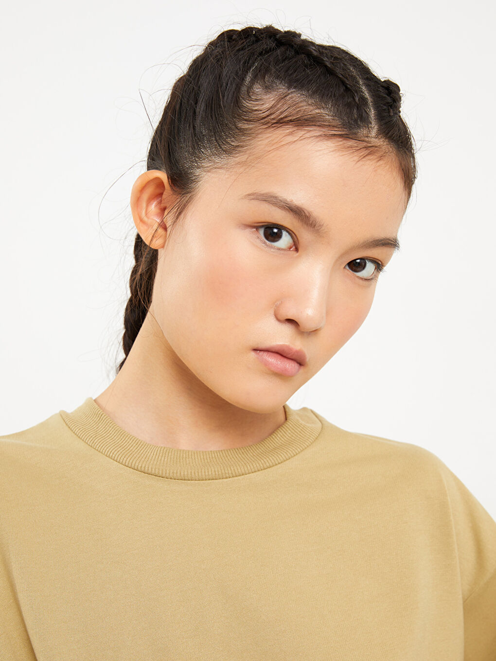 Hanorac simplu cu mânecă lungă și guler rotund pentru femei-2