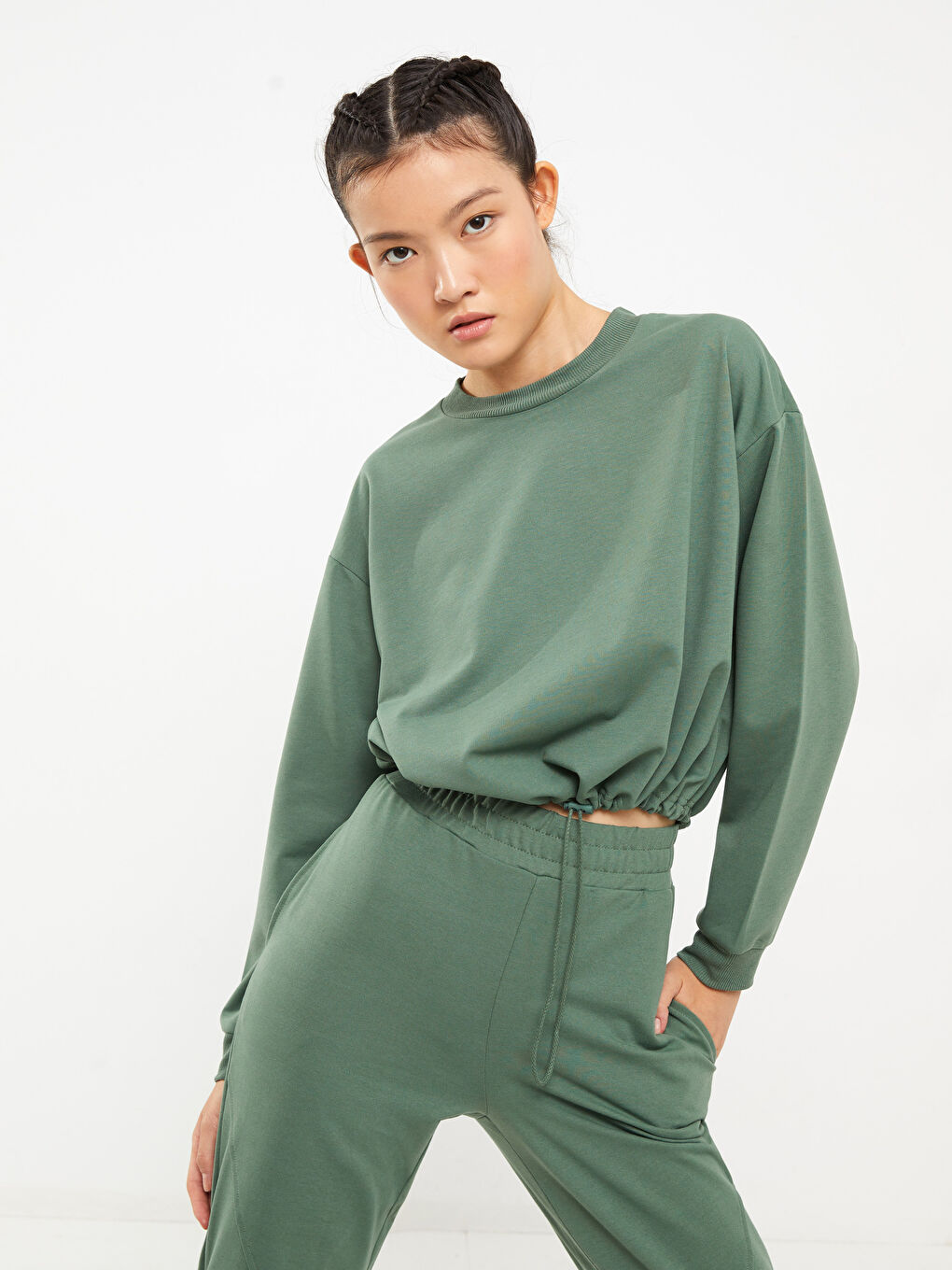 Crew Neck Plain Long Sleeve Women's Sweatshirt-5