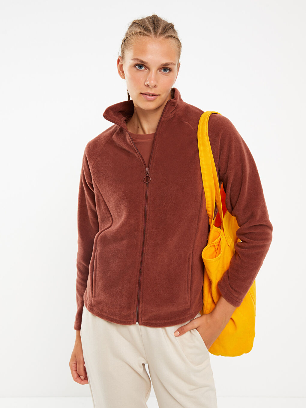 Turtle Neck Regular Long Sleeve Fleece Women's Sports Cardigan-2