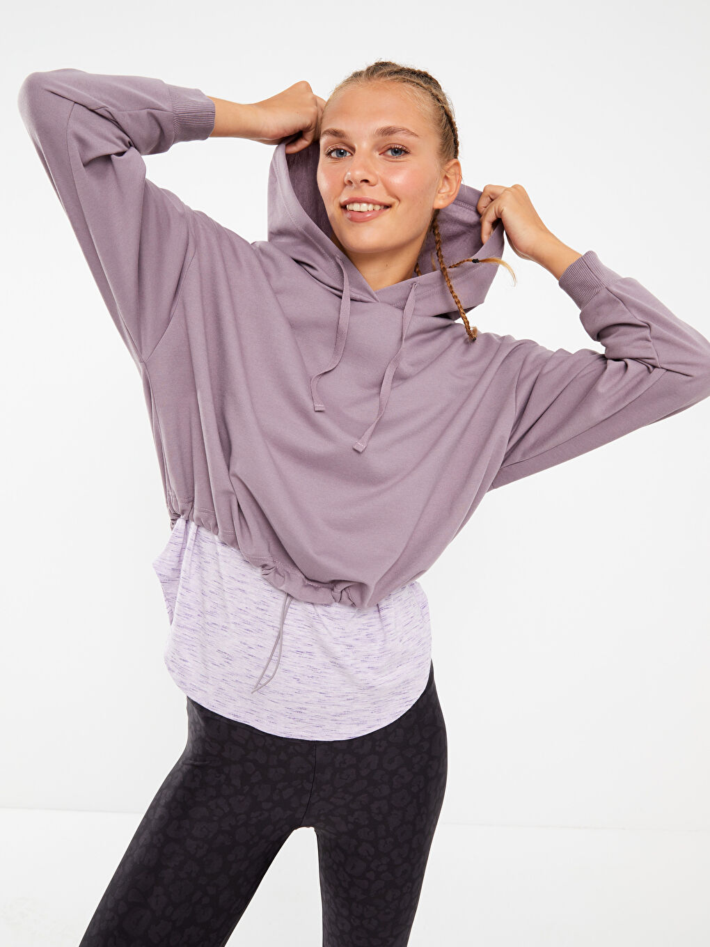 Mürdüm Kapüşonlu Düz Uzun Kollu Kadın Sweatshirt