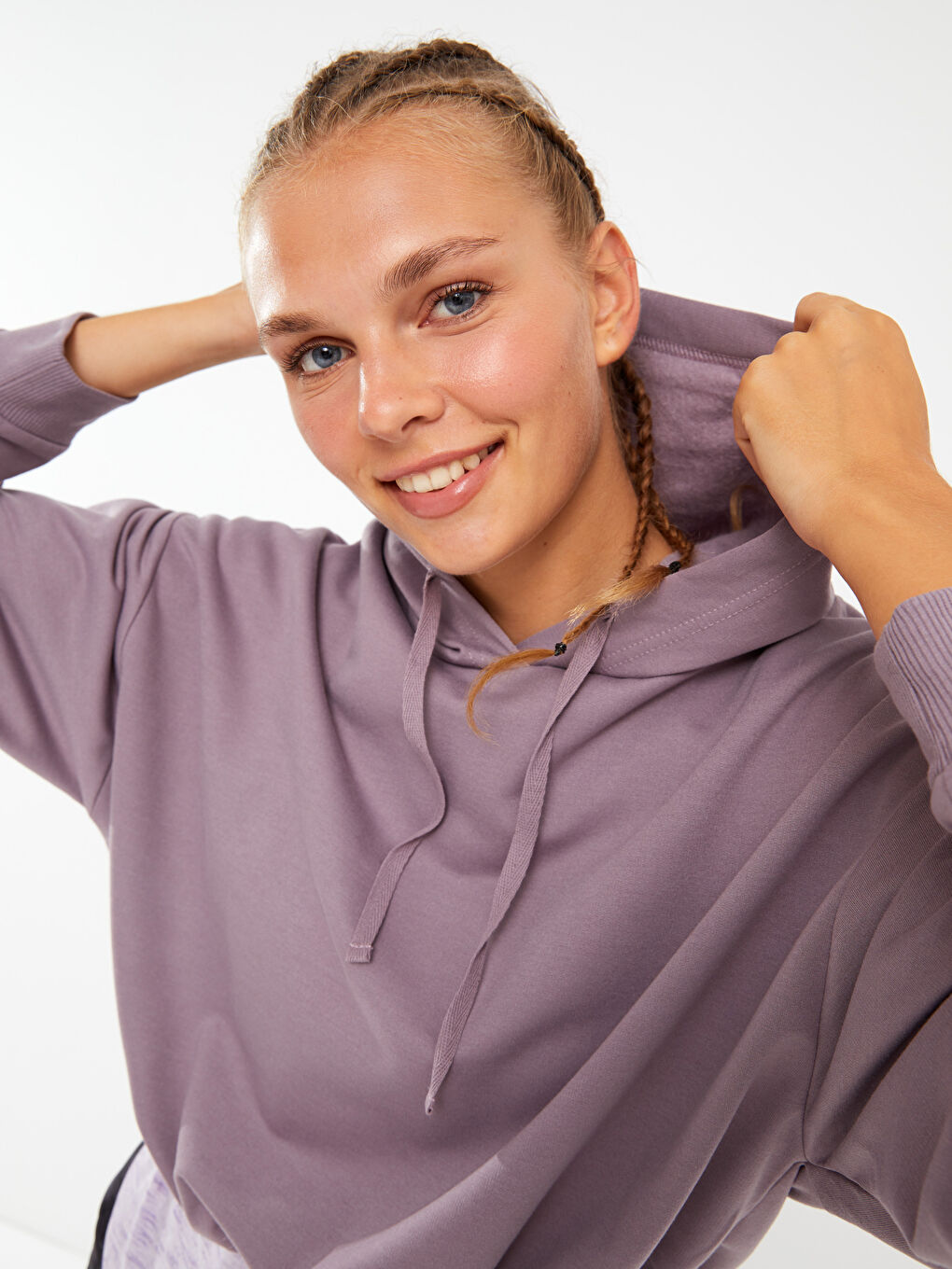 Mürdüm Kapüşonlu Düz Uzun Kollu Kadın Sweatshirt-2