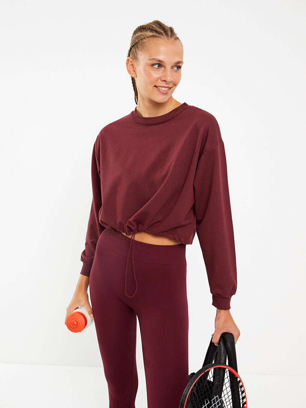 Bordo Bisiklet Yaka Düz Uzun Kollu Kadın Sweatshirt