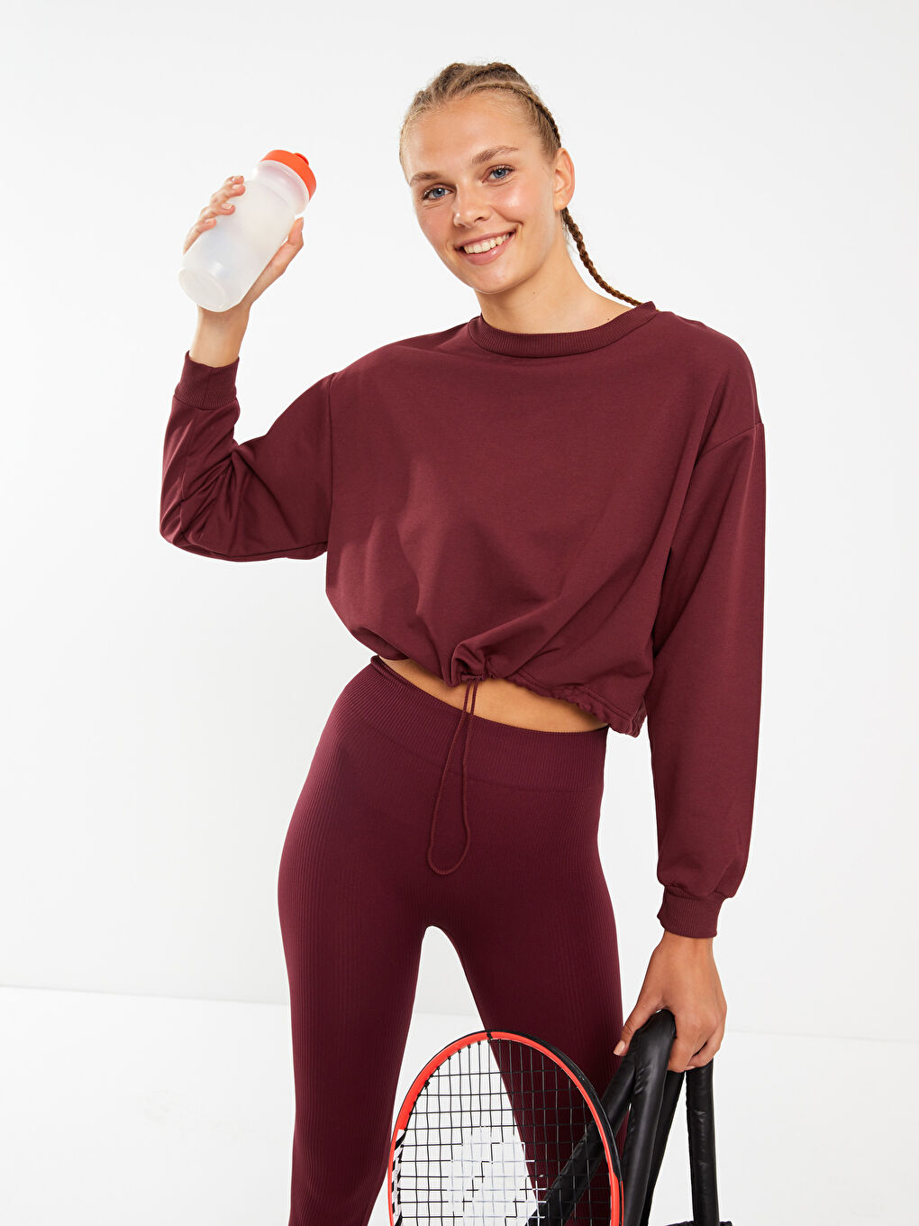 Bordo Bisiklet Yaka Düz Uzun Kollu Kadın Sweatshirt-1