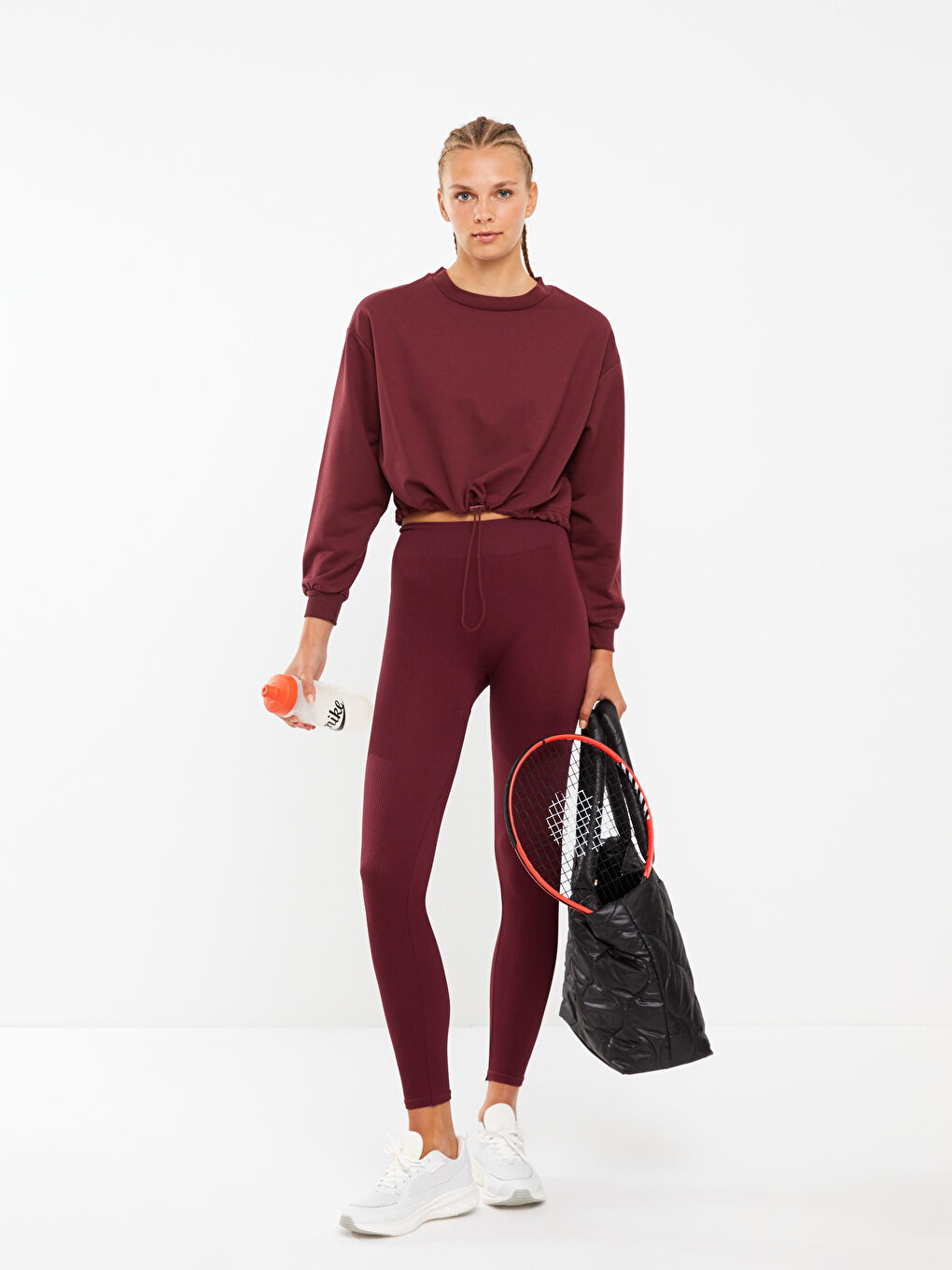 Bordo Bisiklet Yaka Düz Uzun Kollu Kadın Sweatshirt-2