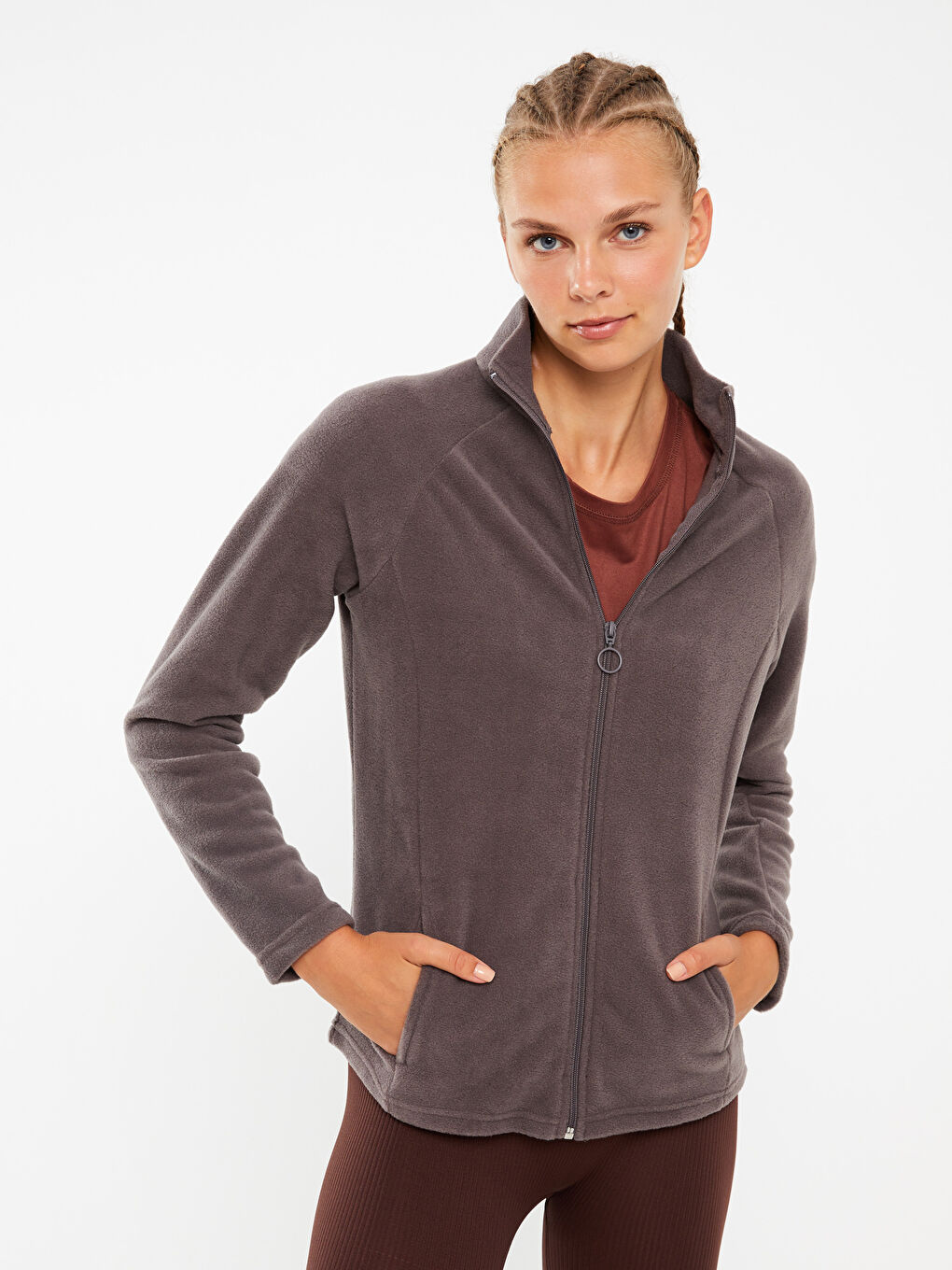 Gri Dik Yaka Düz Uzun Kollu Polar Kadın Spor Hırka