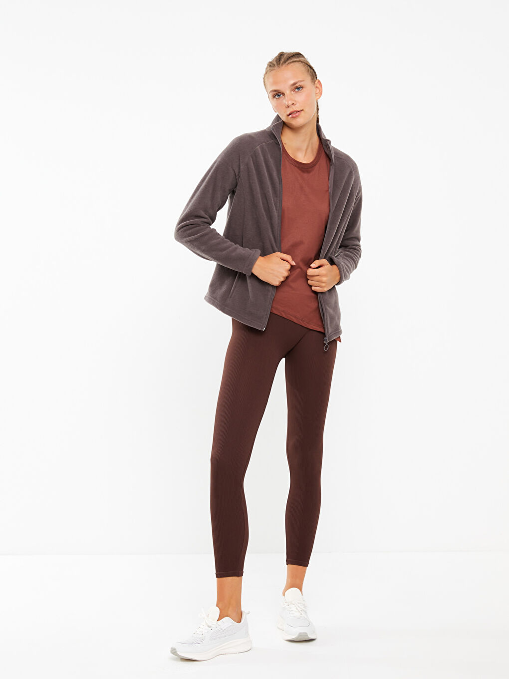 Gri Dik Yaka Düz Uzun Kollu Polar Kadın Spor Hırka-2