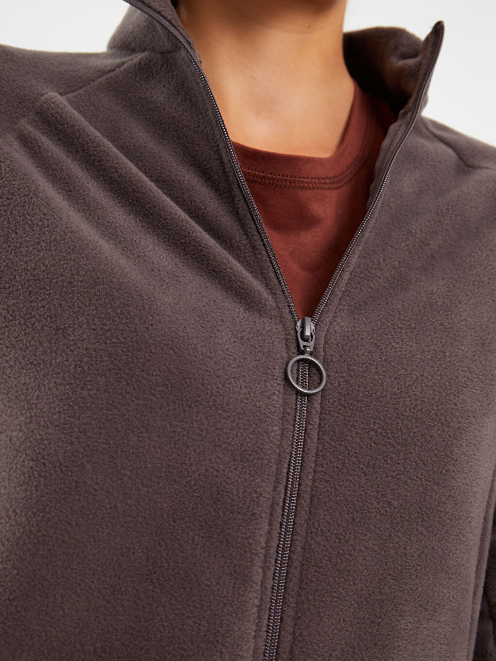 Gri Dik Yaka Düz Uzun Kollu Polar Kadın Spor Hırka-3