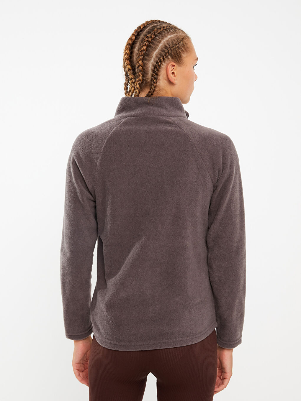 Gri Dik Yaka Düz Uzun Kollu Polar Kadın Spor Hırka-4