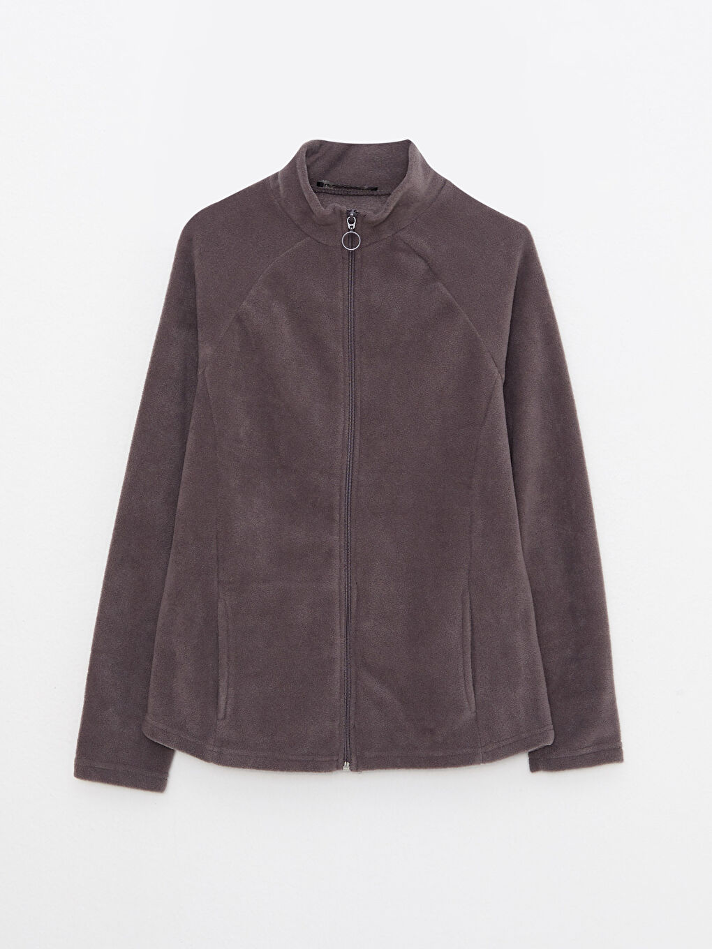 Gri Dik Yaka Düz Uzun Kollu Polar Kadın Spor Hırka-5