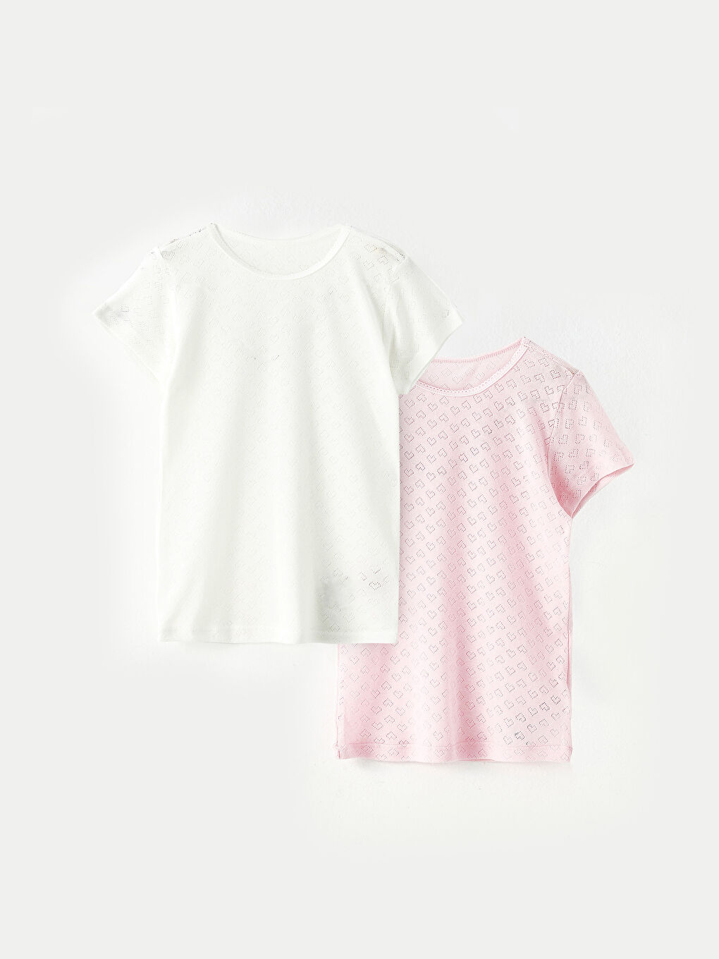 Pembe Bisiklet Yaka Kendinden Desenli Kısa Kollu Kız Çocuk Fanila 2'li