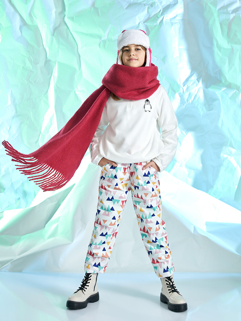 Ekru Beli Lastikli Desenli Kız Çocuk Jogger Pantolon