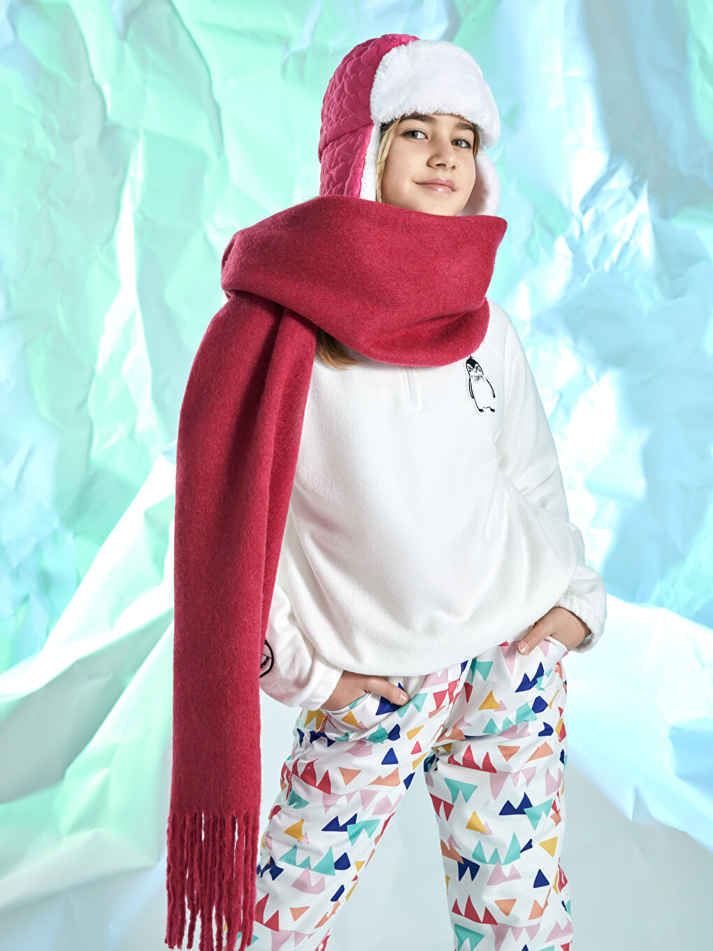 Ekru Beli Lastikli Desenli Kız Çocuk Jogger Pantolon-1