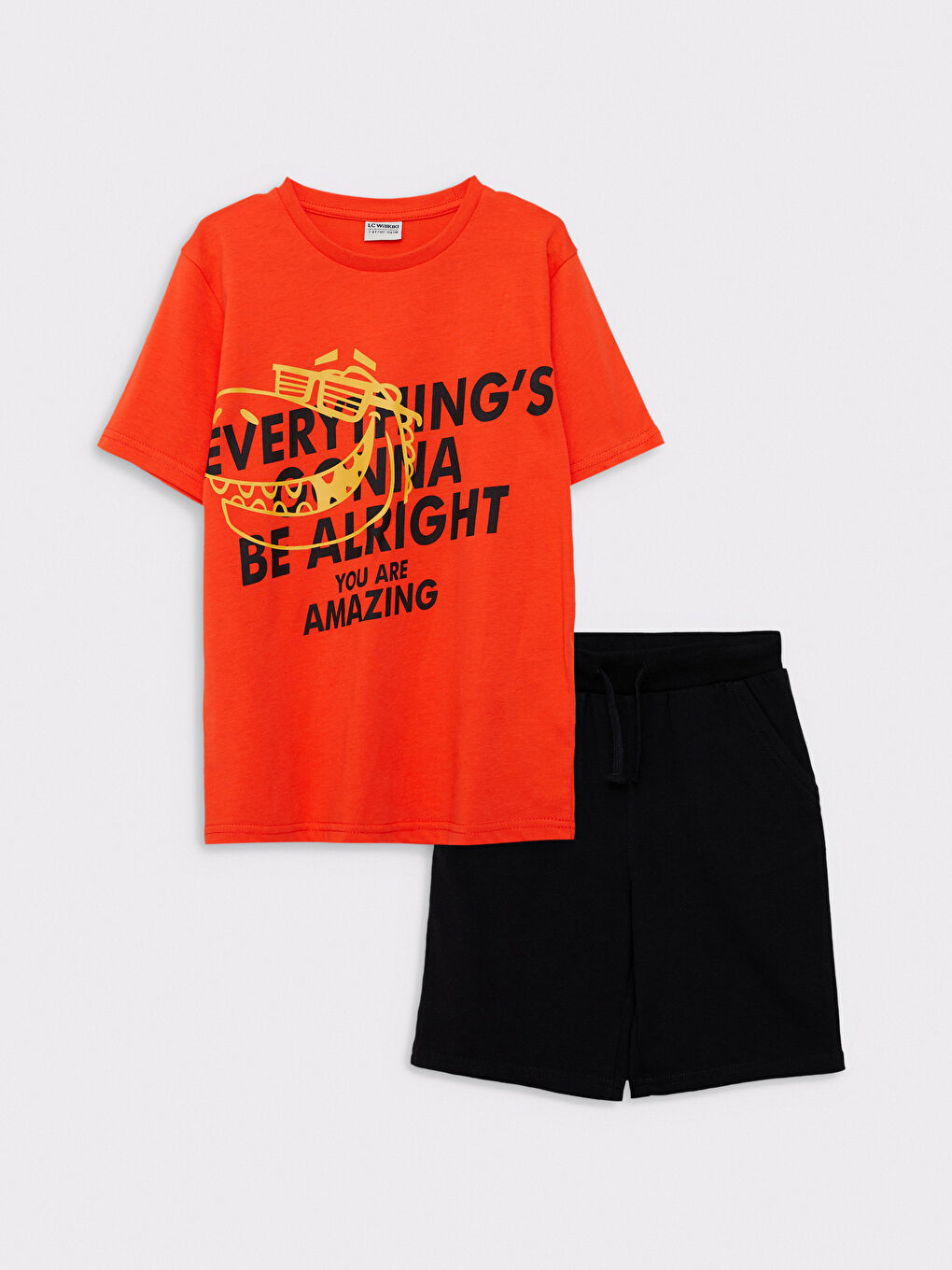 Turuncu Bisiklet Yaka Baskılı Kısa Kollu Erkek Çocuk Tişört ve Bermuda