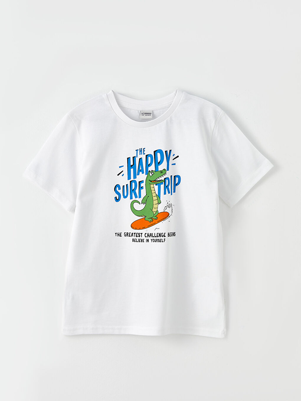 Beyaz Bisiklet Yaka Baskılı Kısa Kollu Pamuklu Erkek Çocuk Tişört