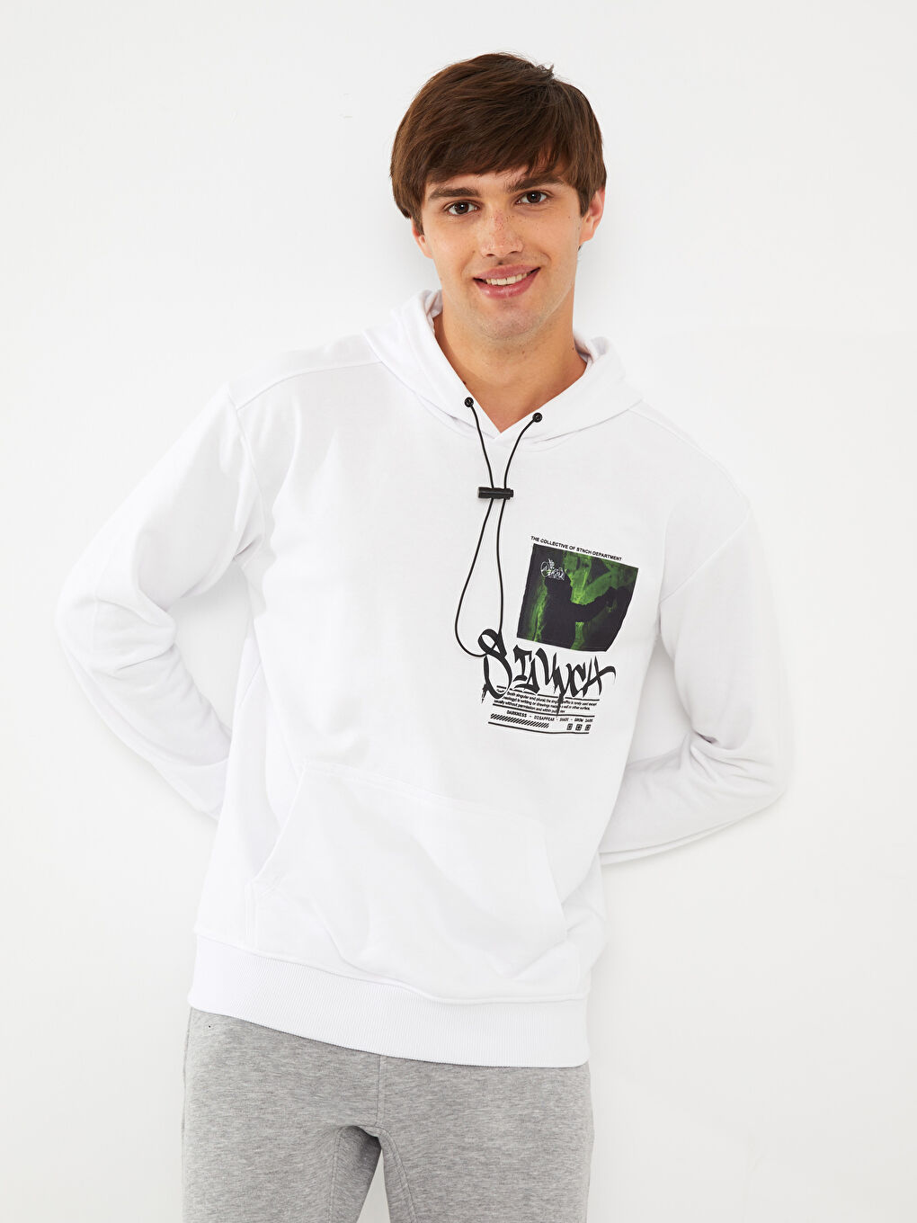 LCW Casual Beyaz Uzun Kollu Baskılı Erkek Hoodie