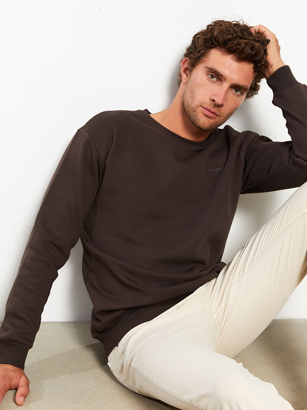 Kahverengi Bisiklet Yaka Uzun Kollu Nakışlı Erkek Kalın Sweatshirt-2