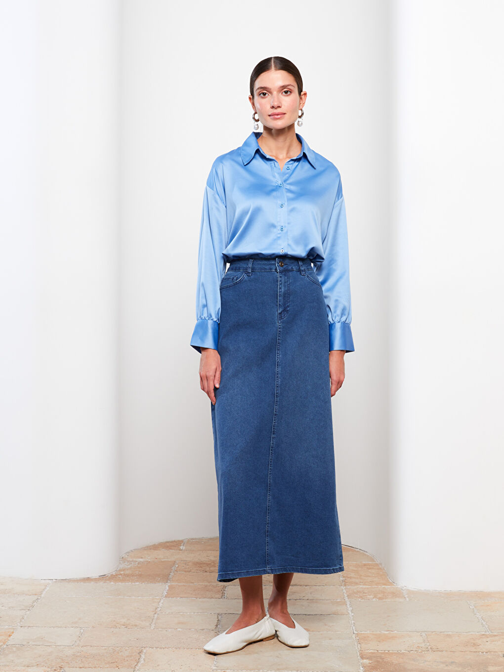 İndigo Kadın Standart Fit Düz Jean Etek-1