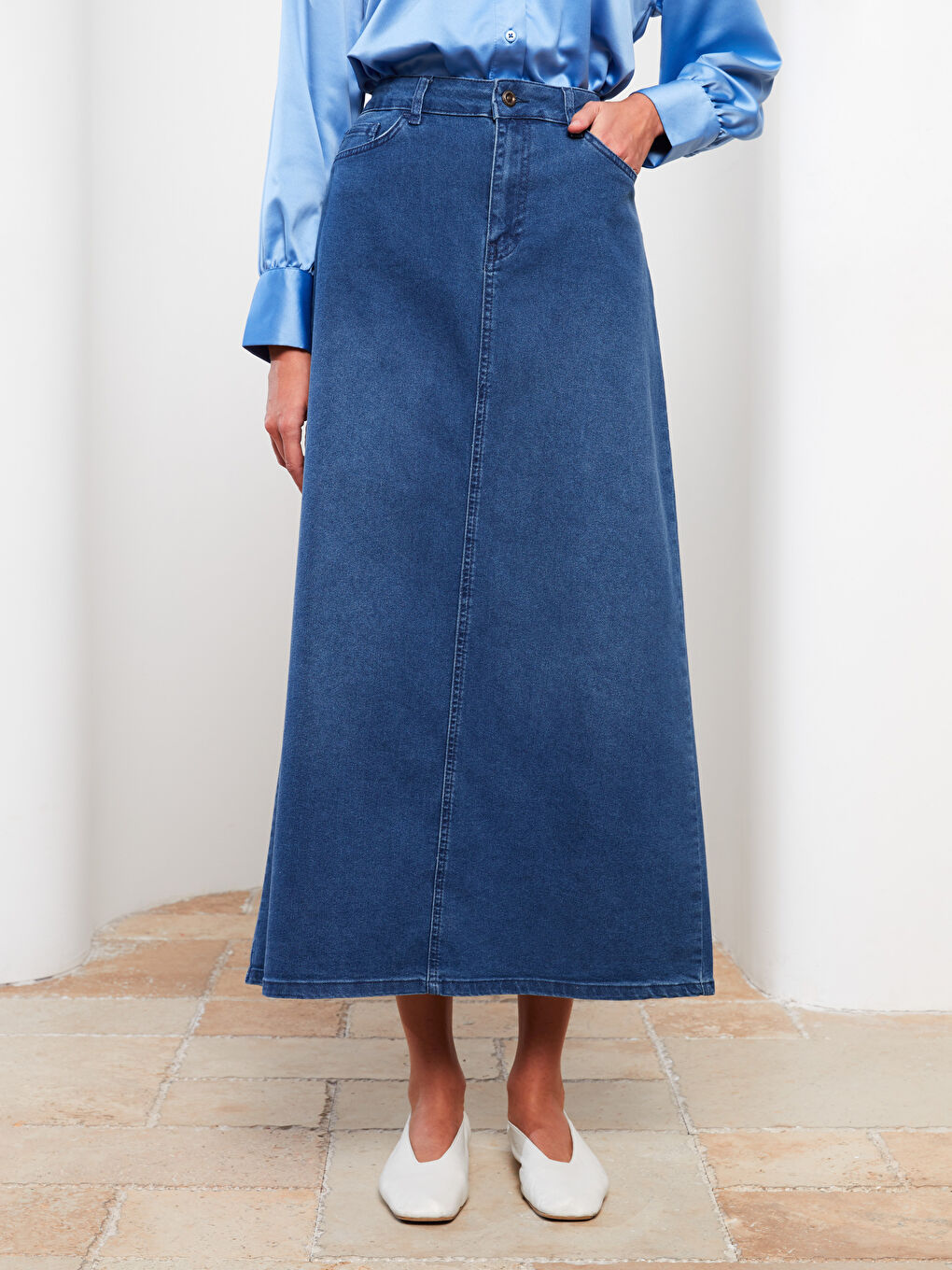 İndigo Kadın Standart Fit Düz Jean Etek-3