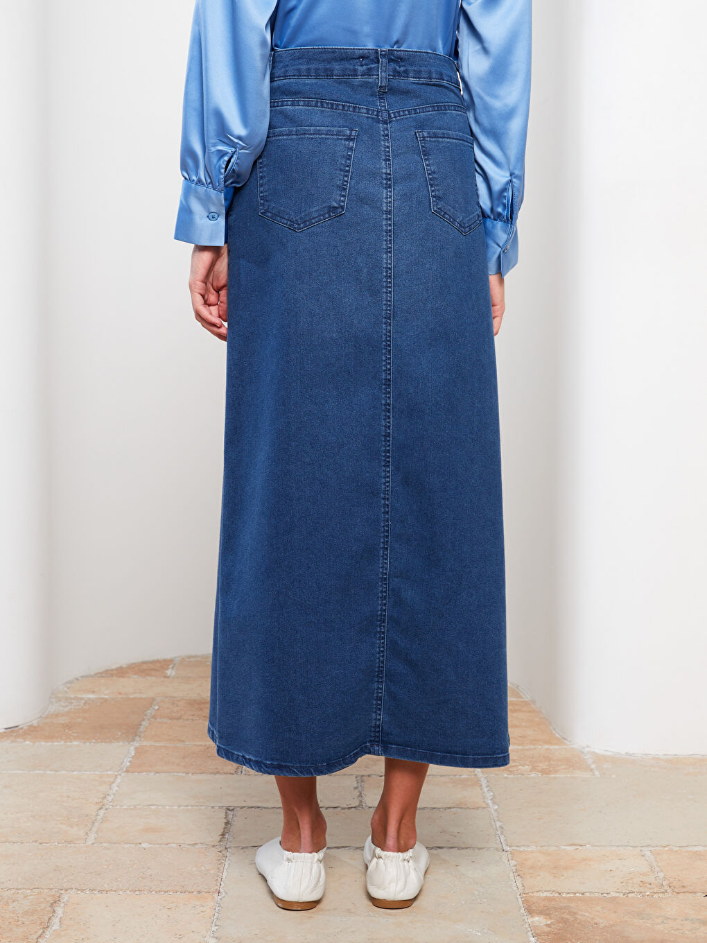 İndigo Kadın Standart Fit Düz Jean Etek-4