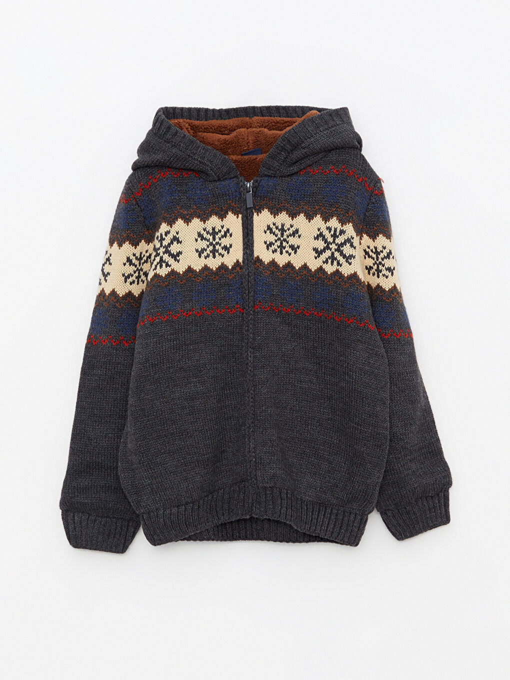 Antrasit Kapüşonlu Desenli Uzun Kollu Erkek Çocuk Triko Hırka