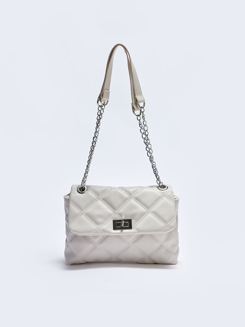 Ekru Deri Görünümlü Kapitoneli Kadın Baget Çanta-2