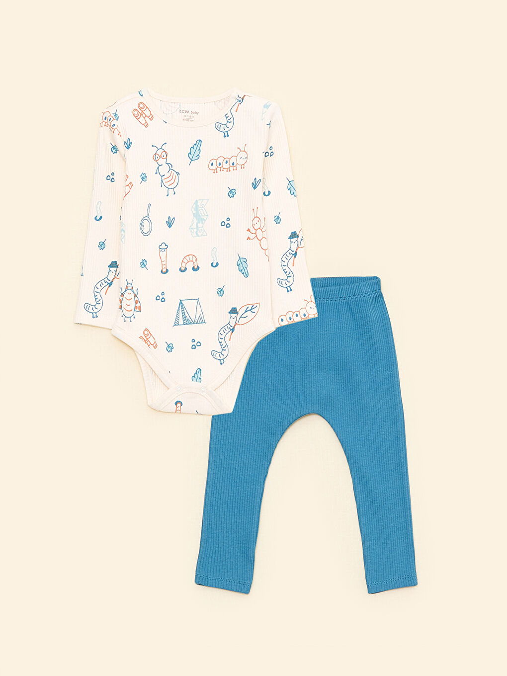 Crew Neck Long Sleeve Printed Baby Boys' Snap Bodysuit and Pants 2 Pack Set