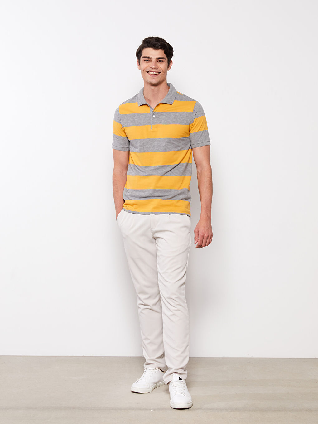 Sarı Polo Yaka Kısa Kollu Çizgili Pike Erkek Tişört-1