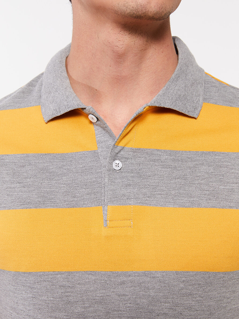 Sarı Polo Yaka Kısa Kollu Çizgili Pike Erkek Tişört-2