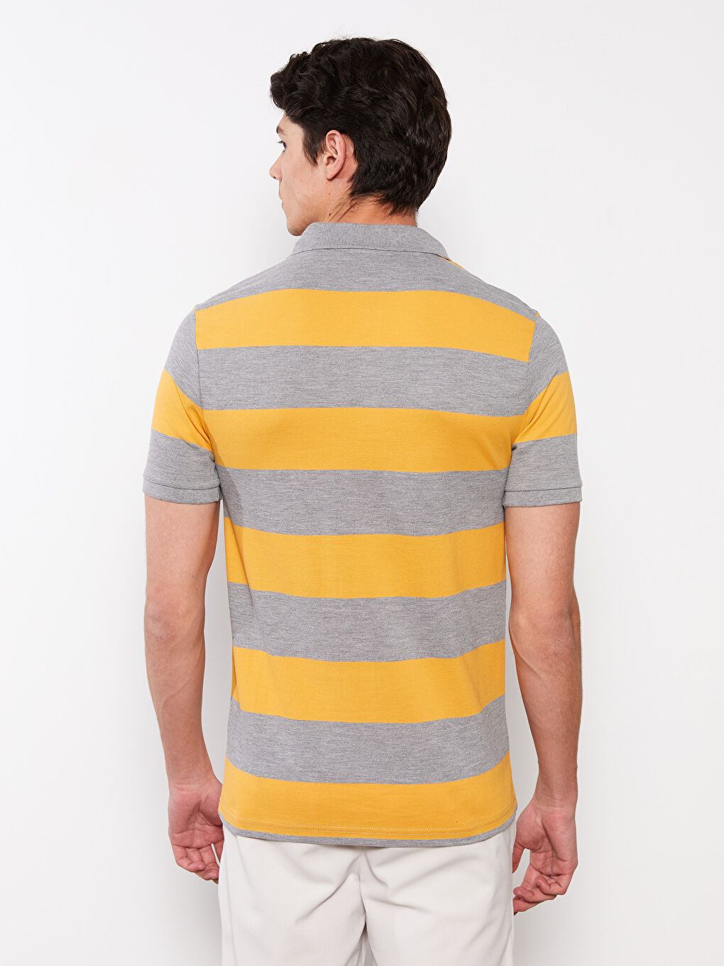 Sarı Polo Yaka Kısa Kollu Çizgili Pike Erkek Tişört-3