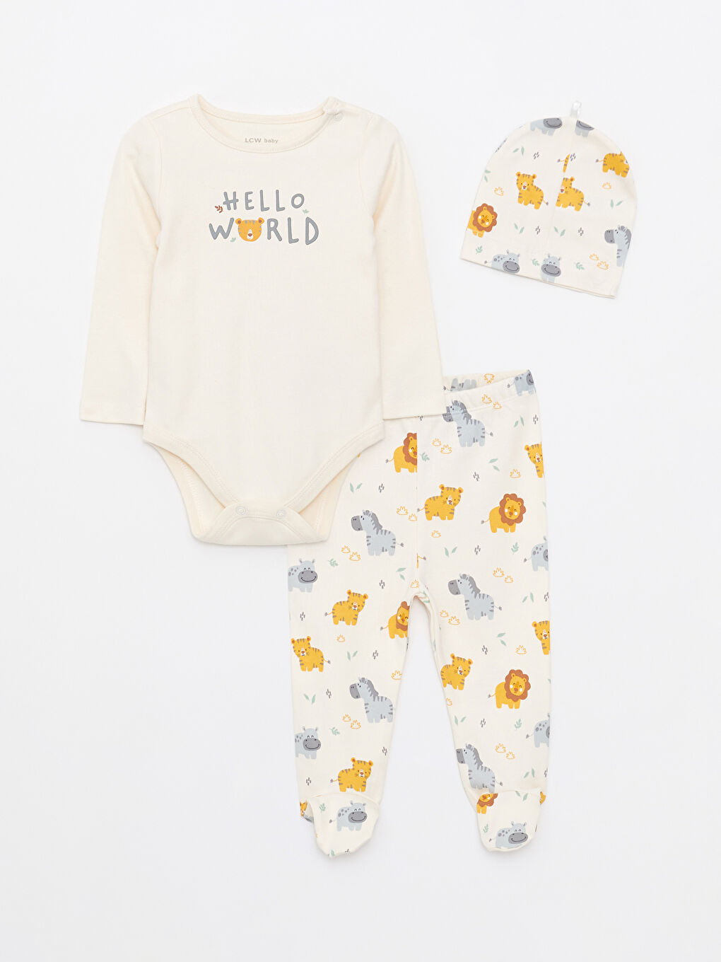 Ekru Bisiklet Yaka Uzun Kollu Baskılı Erkek Bebek Hastane Çıkış Seti