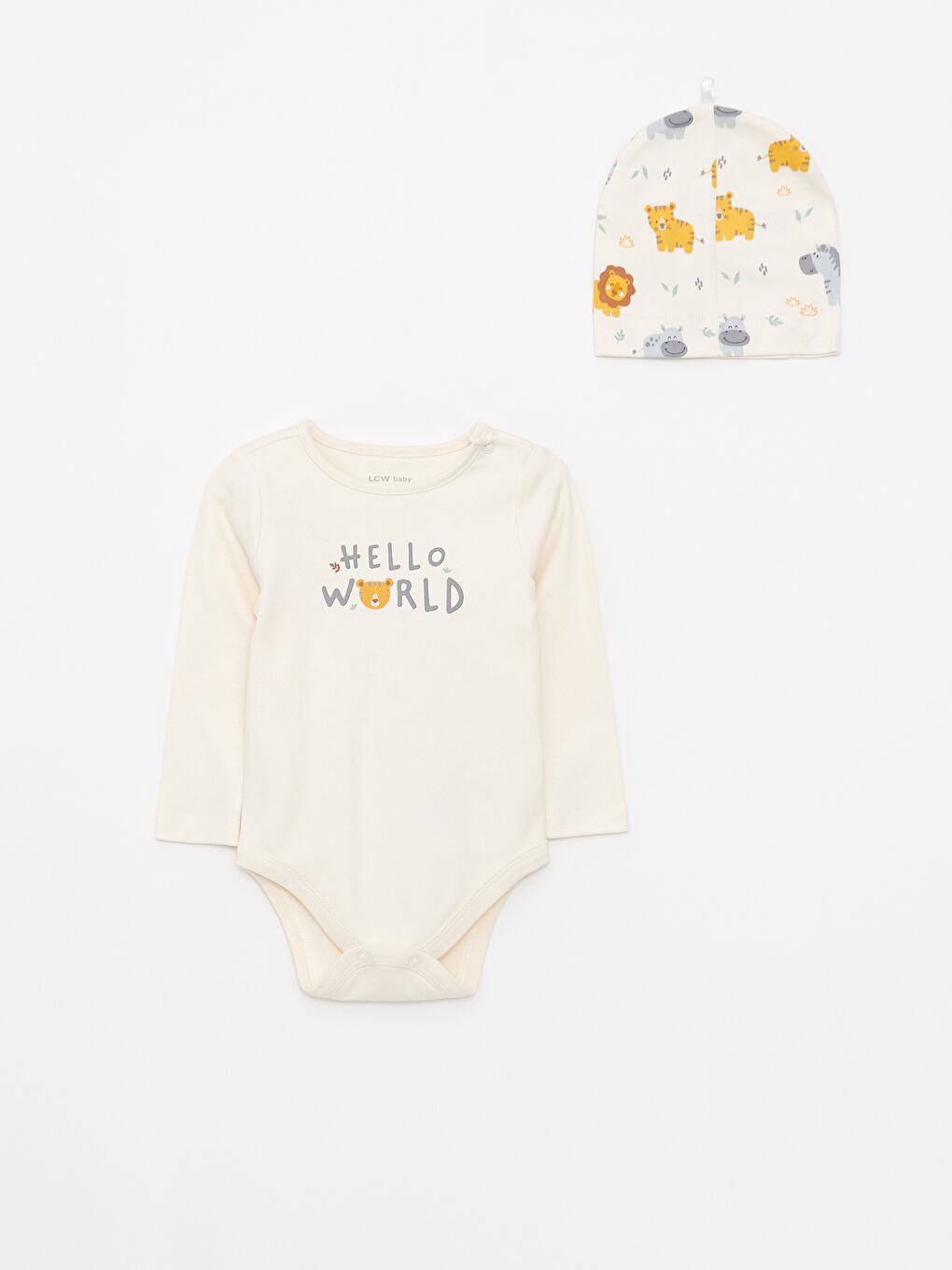 Ekru Bisiklet Yaka Uzun Kollu Baskılı Erkek Bebek Hastane Çıkış Seti-1