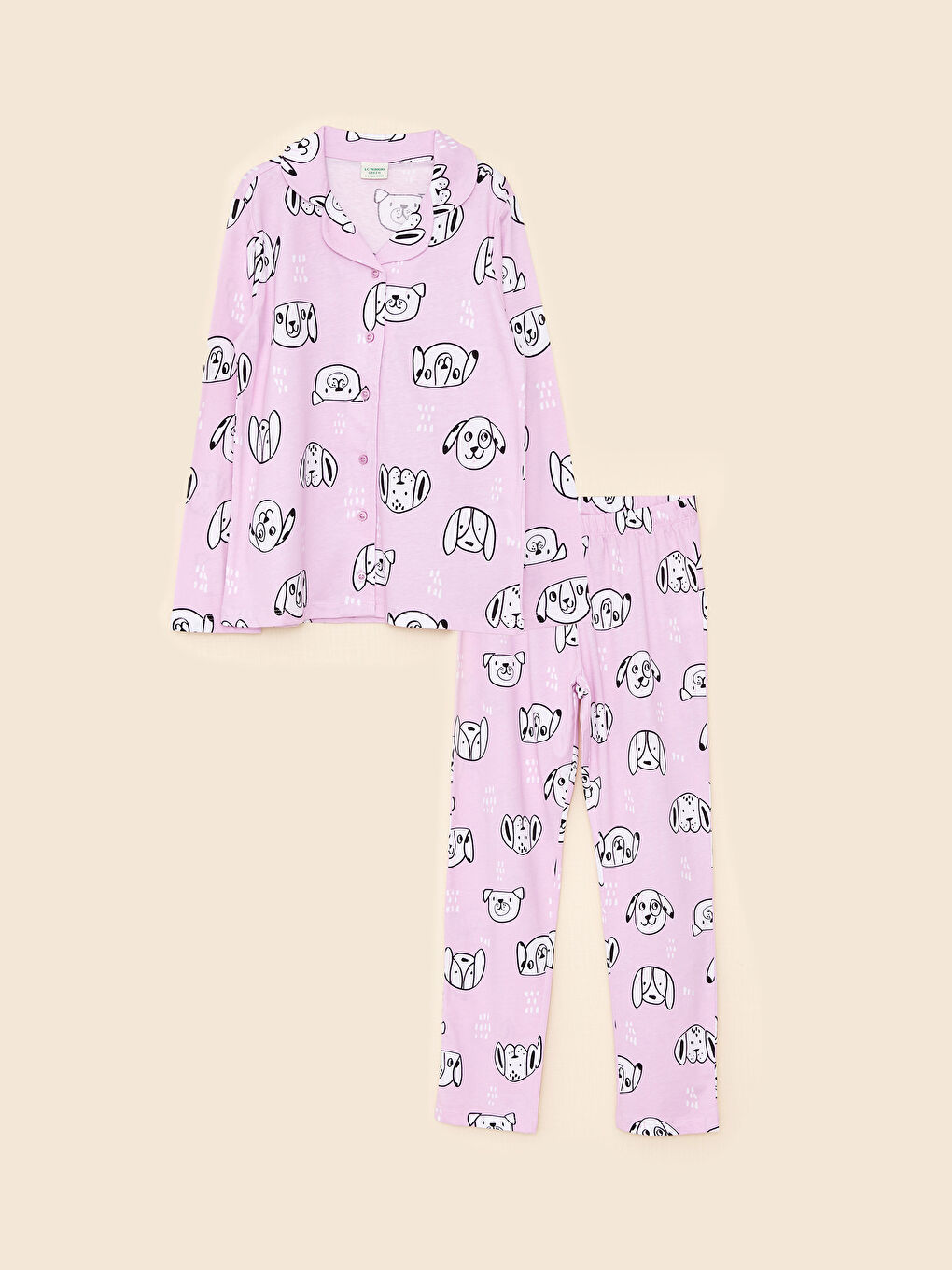 طقم بيجاما للبنات كم طويل مطبوع بياقة قميص