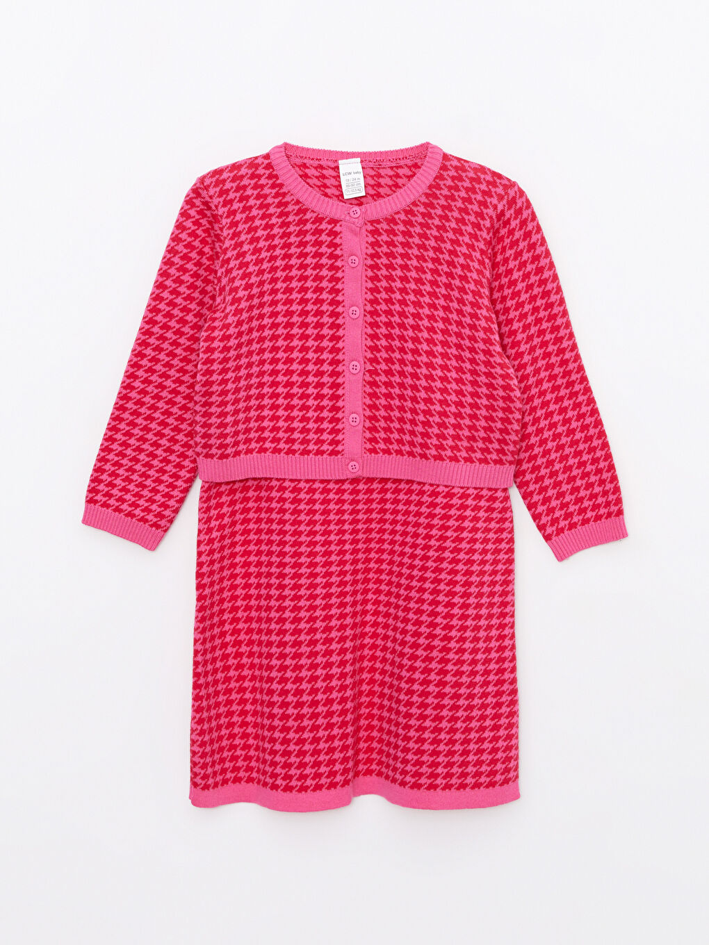 Pembe Desenli Kız Bebek Triko Elbise ve Hırka-1