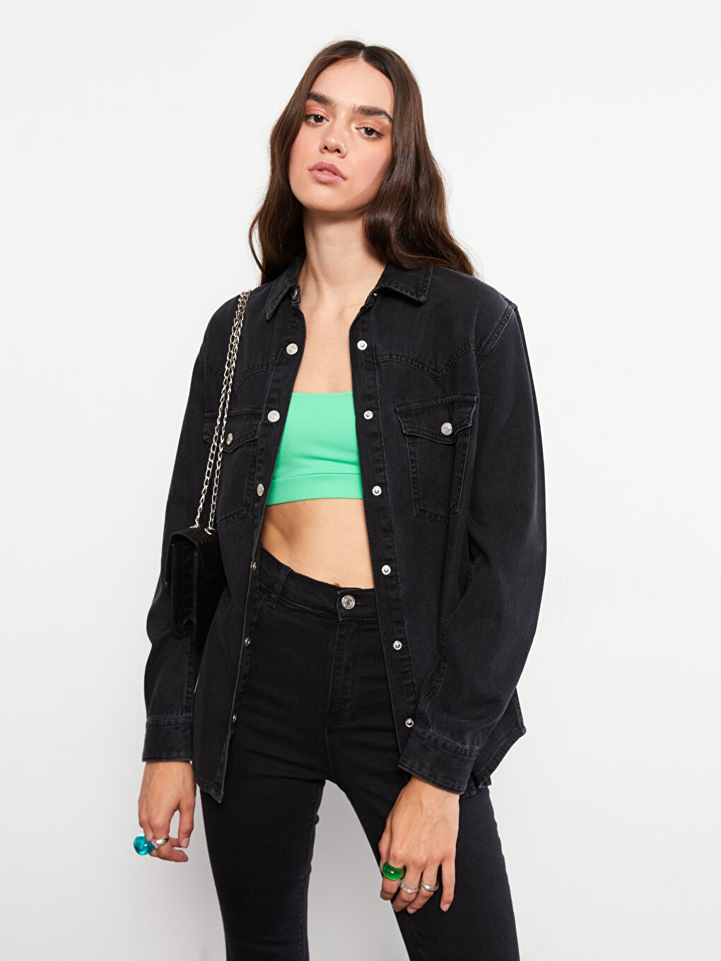 LCW Jeans Front Button Closure Straight Long Sleeve Women's Jean Shirt -W29922Z8-327