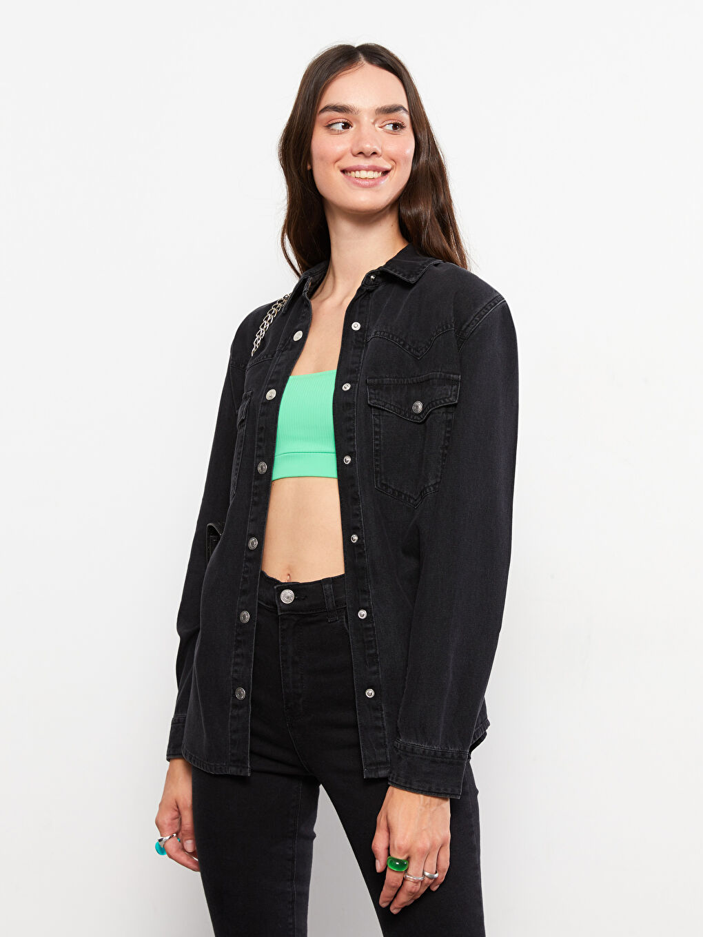 LCW Jeans Front Button Closure Straight Long Sleeve Women's Jean Shirt -W29922Z8-327