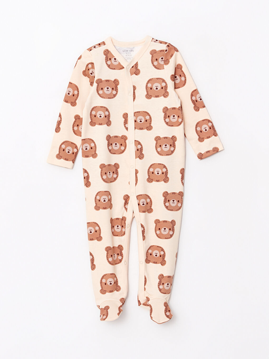 Bej V Yaka Uzun Kollu Baskılı Erkek Bebek Tulum 2'li-1