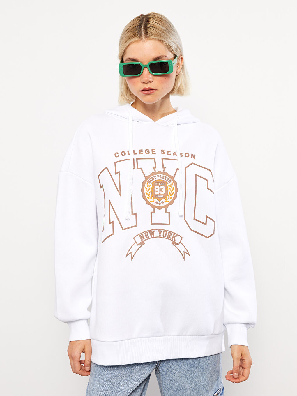 XSIDE Beyaz Kapüşonlu Baskılı Uzun Kollu Kadın Sweatshirt - 1