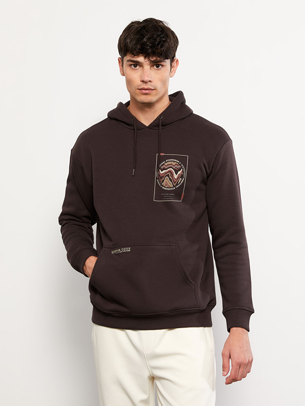 LCW Casual Kahverengi Uzun Kollu Baskılı Erkek Kalın Hoodie - 1