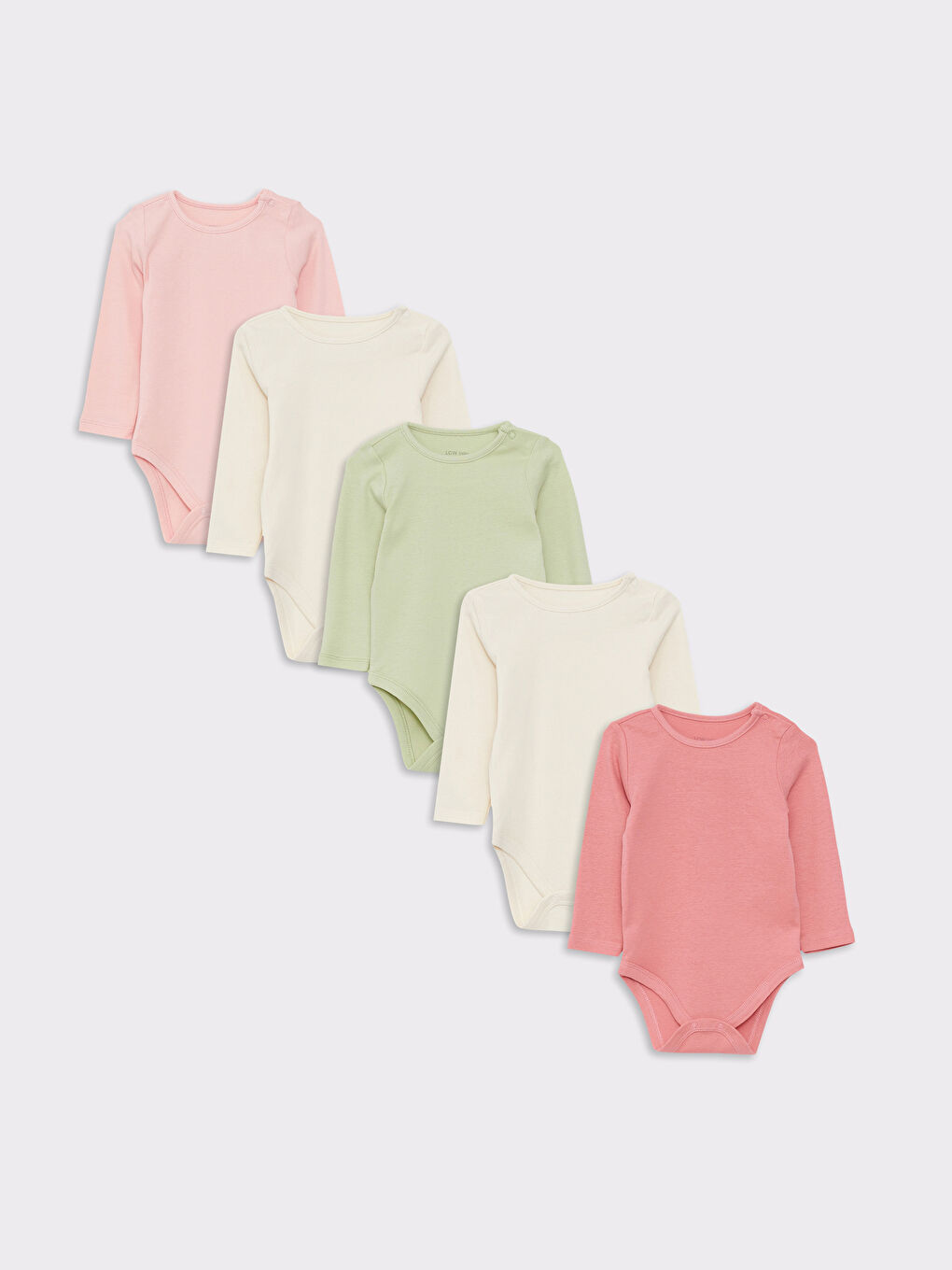 ياقة دائرية كم طويل بدلة جسم سادة للبنات الرضع مع كباسين في منطقة الحفاض - عبوة من ٥ قطع