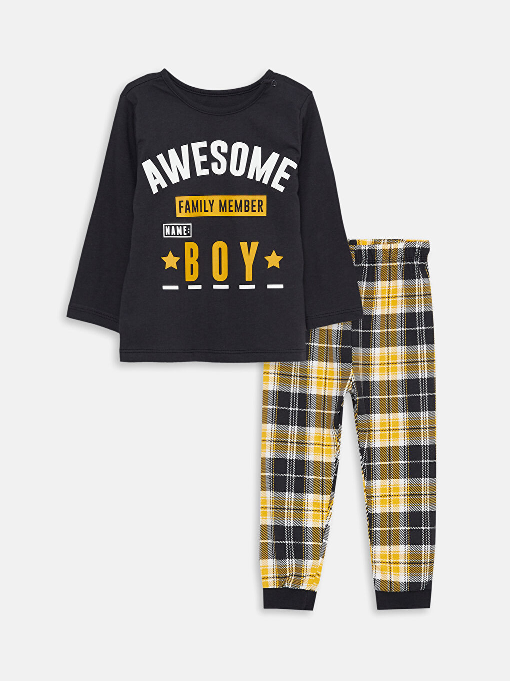 Antrasit Bisiklet Yaka Uzun Kollu Baskılı Erkek Bebek Pijama Takım