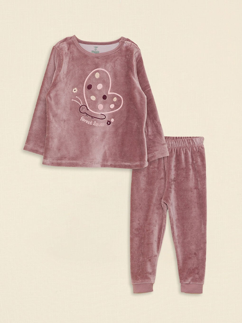 Mor Bisiklet Yaka Uzun Kollu Desenli Kız Bebek Kadife Pijama Takımı