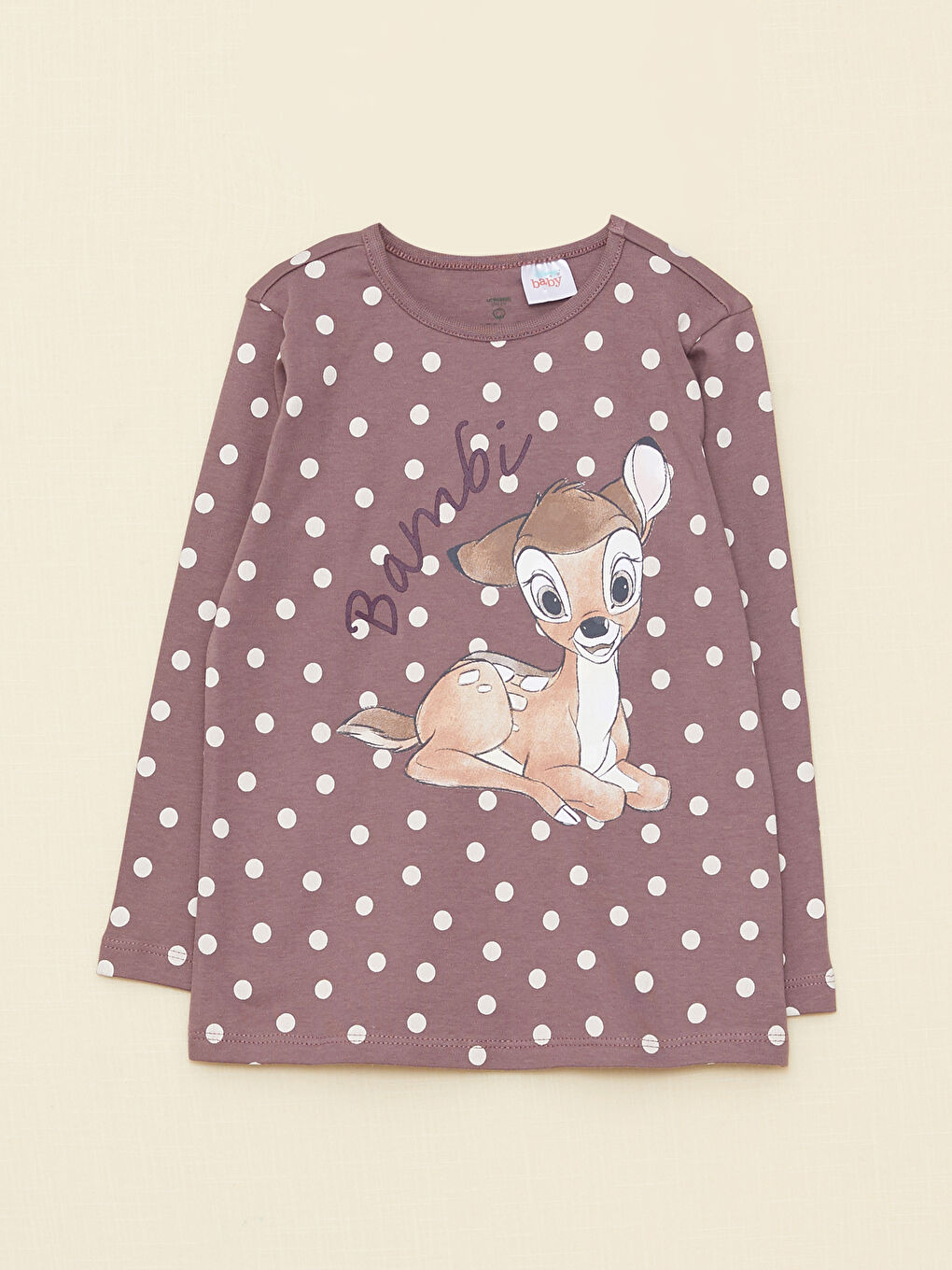 طقم بيجامة للبنات الصغيرات بياقة دائرية وكم طويل مطبوع بامبي-1