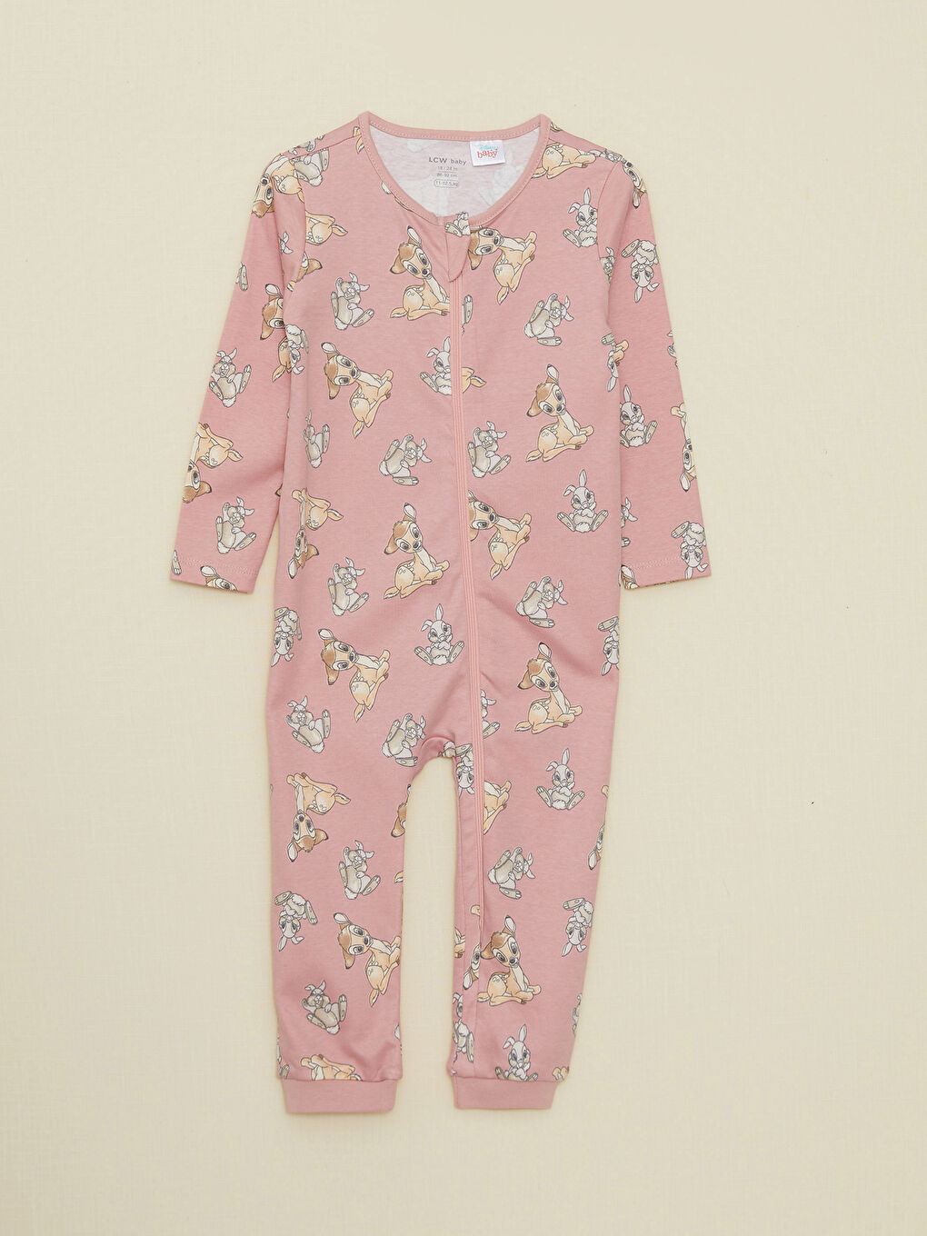 Crew Neck Long Sleeve Bambi Printed Baby Girls' Jumpsuit