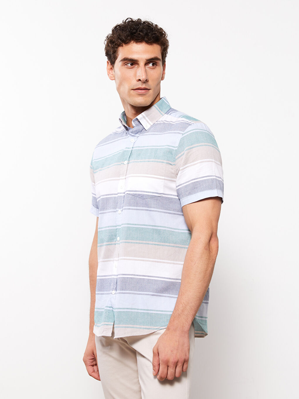 Yeşil Regular Fit Kısa Kollu Çizgili Oxford Erkek Gömlek