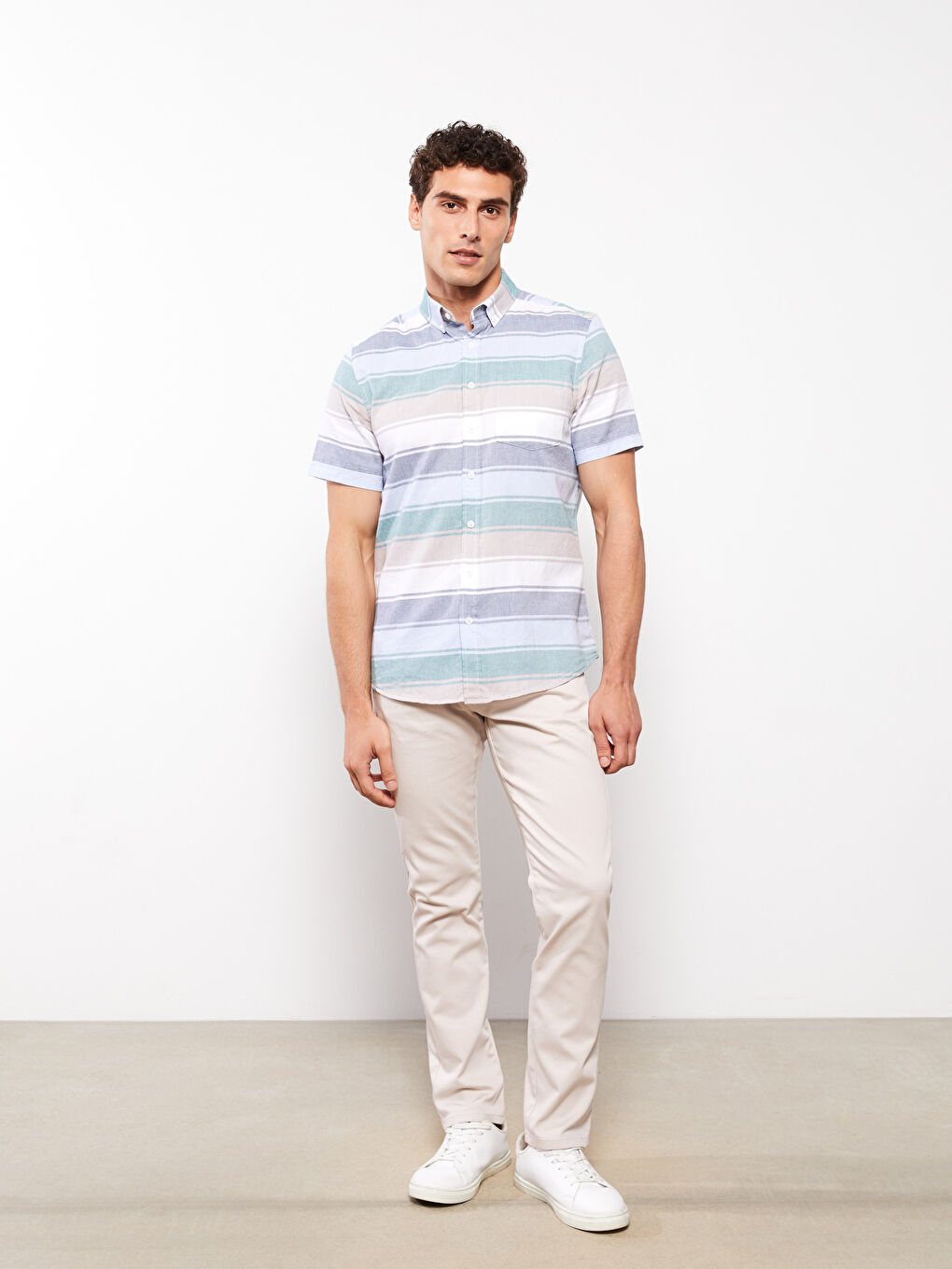 Yeşil Regular Fit Kısa Kollu Çizgili Oxford Erkek Gömlek-2