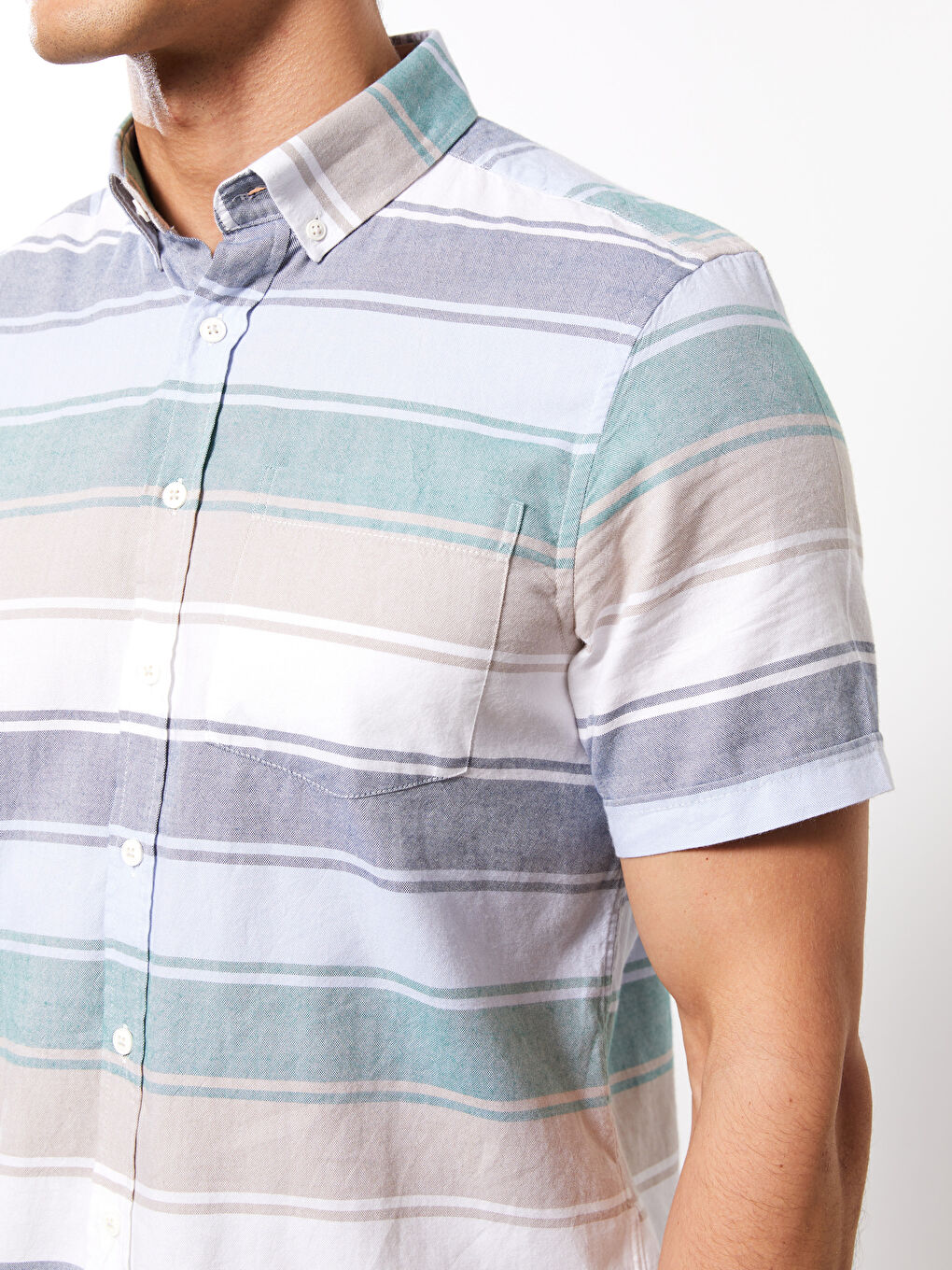 Yeşil Regular Fit Kısa Kollu Çizgili Oxford Erkek Gömlek-3