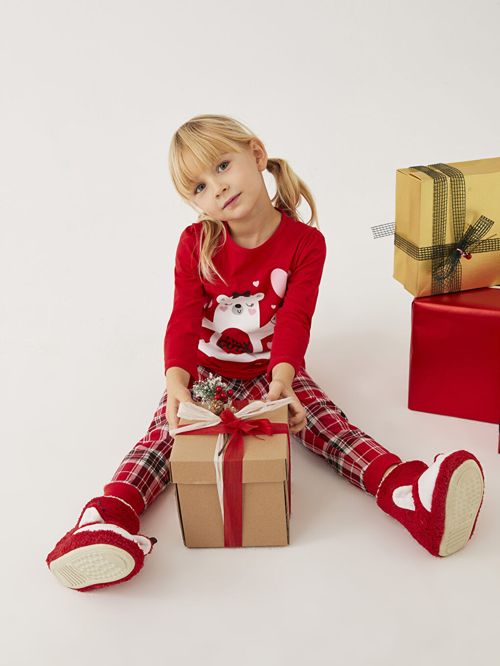 сәби қыздарға арналған принтті ұзын жең дөңгелек жағалы пижама жинағы-1